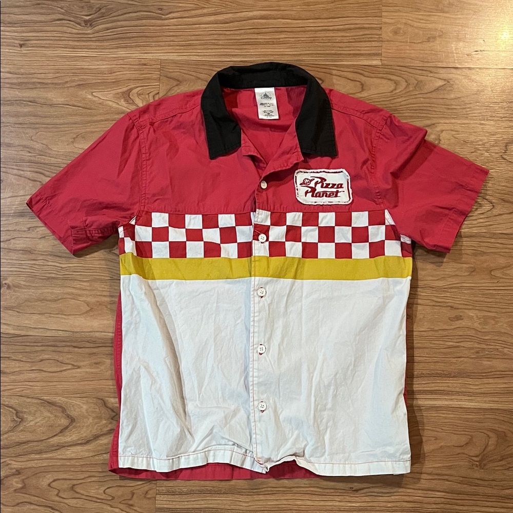 Disney Red, White, and Yellow Pizza Planet Men's Shirt